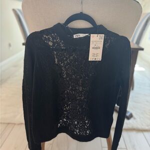 Zara Black Long-Sleeve Lace Front Top